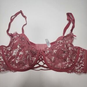 Cacique 44C Balconette Bra Rosewood‎ Pink Silver Lace Laced Up Underwire